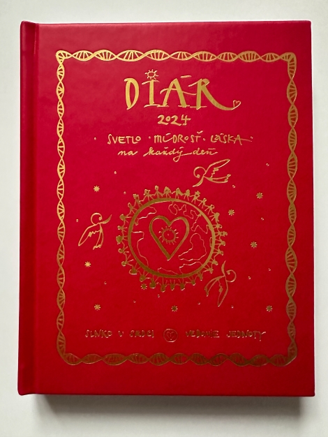 Červený diár Slnka v srdci na rok 2024 - Janka Sofia Thomková - červený poťah, zlaté písmo
