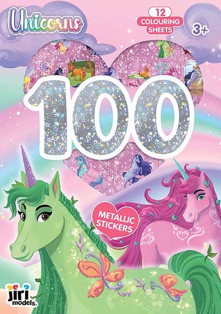 100 metalických samolepiek s maľovankovými listami Jednorožce - 