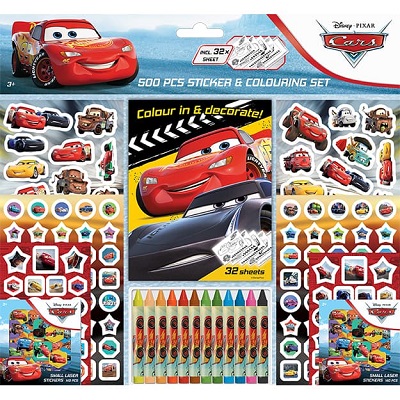 Samolepkový set s maľovankami a voskovkami 500 ks Autá - 